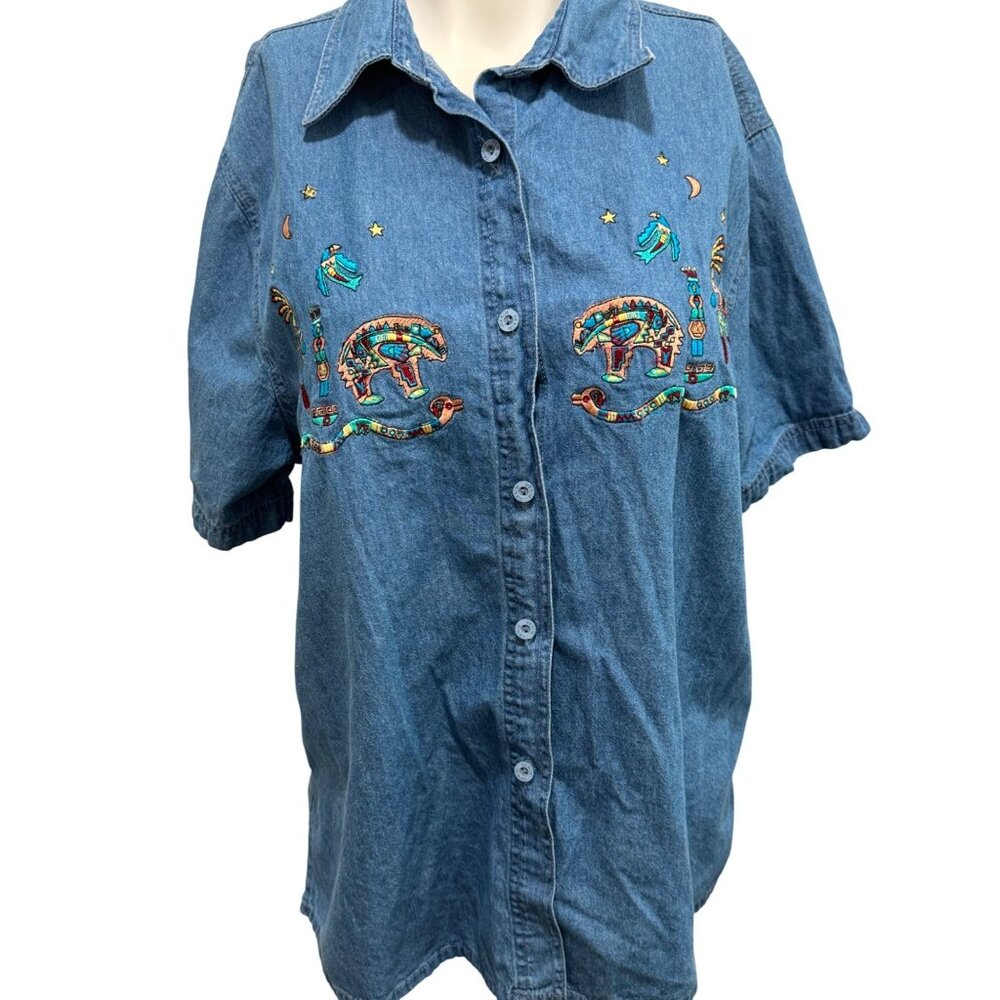Passion-I Embroidered Southwestern Denim Short Sleeve Bears Birds Shirt XL